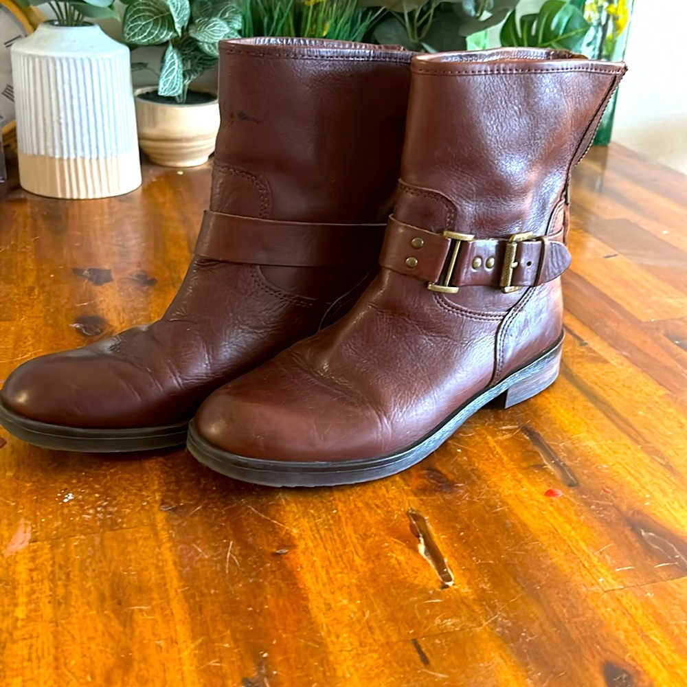Franco Sarto Women's Brown Leather Ankle Boots Back Zip Buckle Strap ..Size:7.5